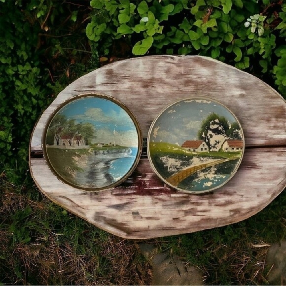 2 Antique Hand Painted Landscape Souvenir Plates Scenic Art Collectible Decor